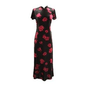 CDC Vintage 90s Dark Floral Velvet Asian Inspired Maxi Dress Black Goth Size 8